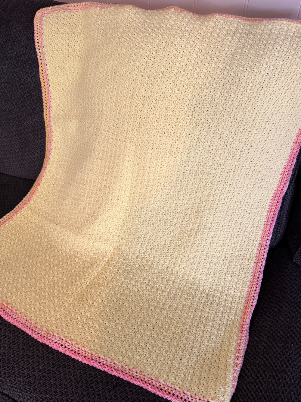 Handmade Cream Baby Blanket with Pink Trim